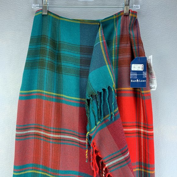 **SOLD**Vintage Ralph Lauren Skirt Womens 12 Wool Plaid Fringe Long Wrap Red - Picture 2 of 16